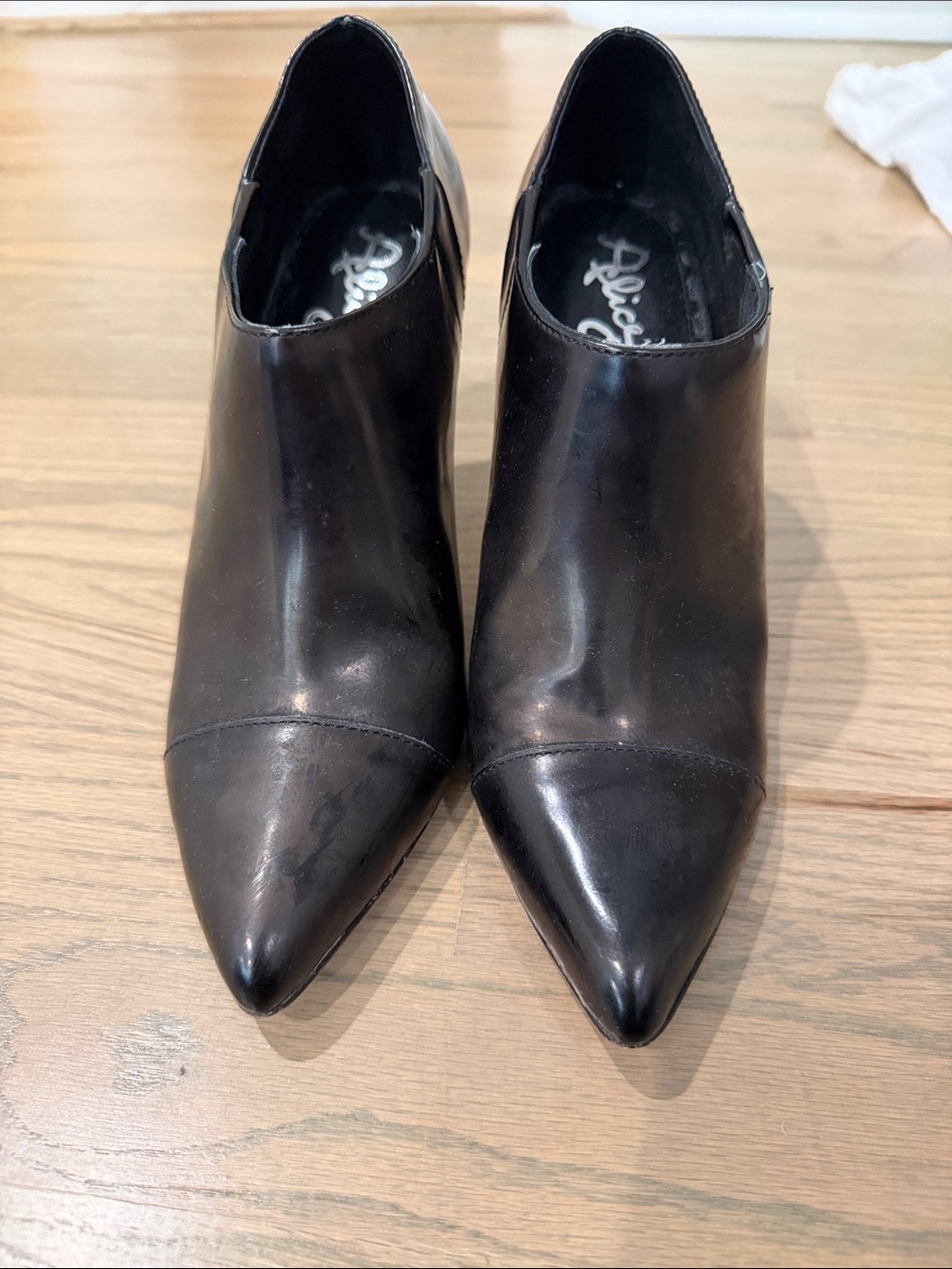 Alice + Olivia Black Pointed Leather Ankle Booties with Low Heel